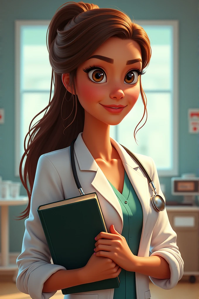 Disney Pixar inspired movie poster with title "super mom". It has to be a brown-haired woman , slickedback hair, light brown skin color, wearing nutrition professional clothes and holding a Bible in hand, and with a hospital background written super mom. The scene should follow an art style similar to Pixar's, focus on characters' Expressions, swirly vibrant colors, Detailed textures and features of your animations.