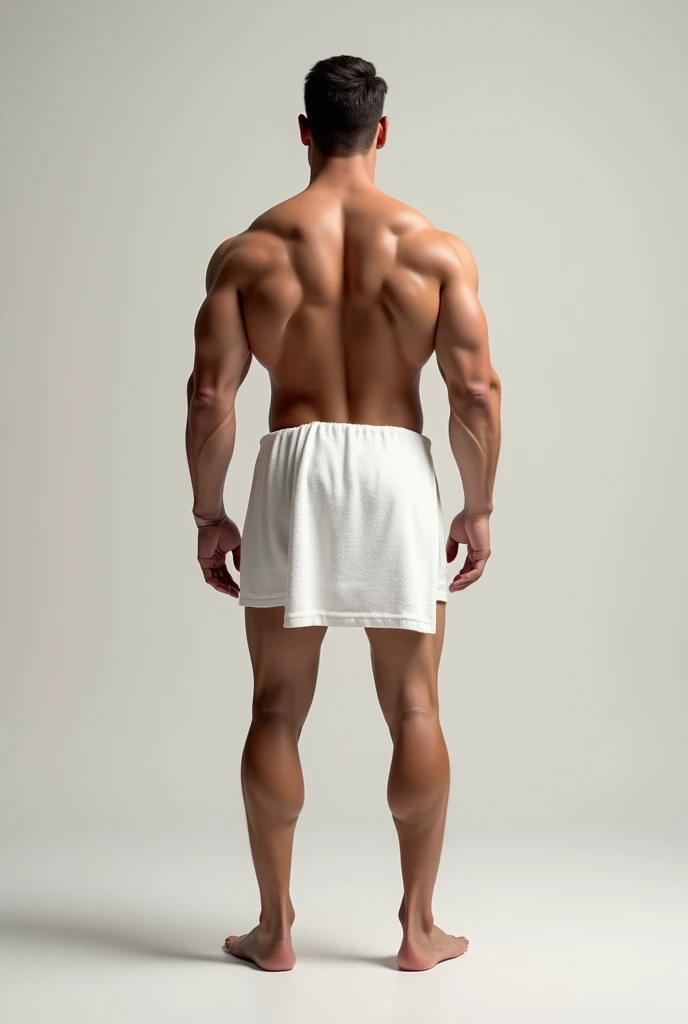 naked tall guy standing back to full height with a white short towel on his hips.