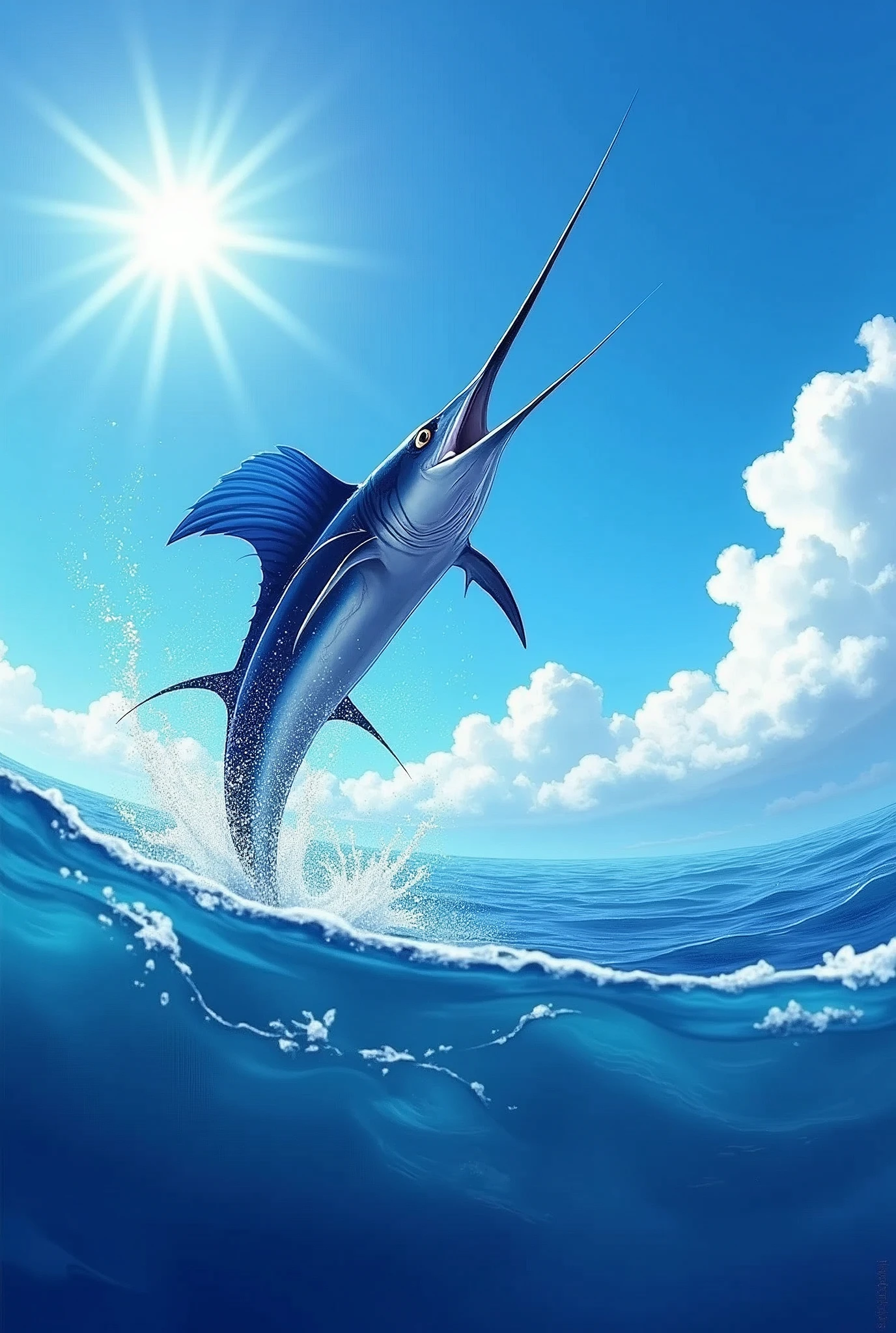 Sailfish jumping onto the ocean surface、Blue sky and sun