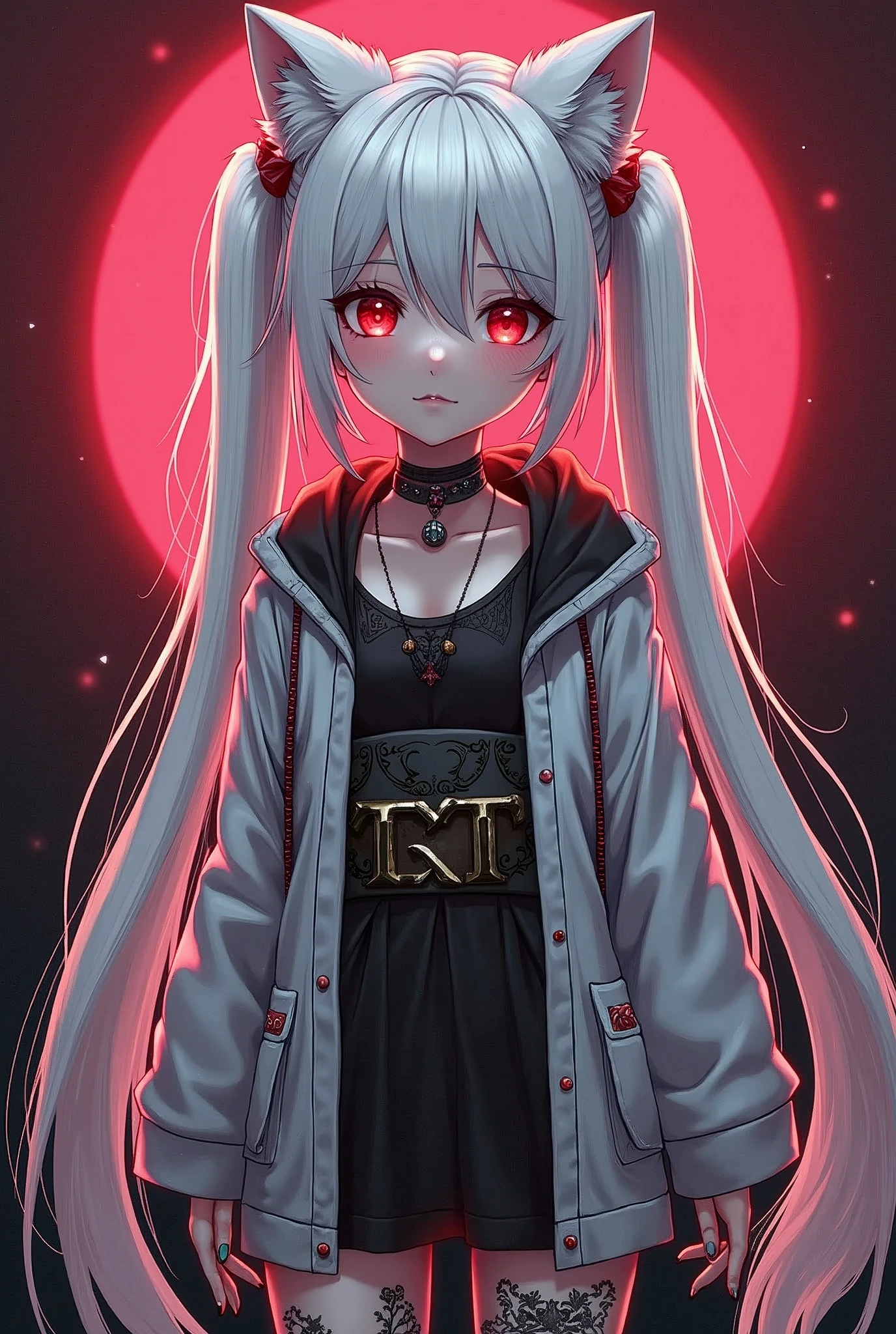 Punk rock emo girl, Neko, wolf girl, long neon white hair in pigtails, tattoo sleeves and piercings, Red eyes, slender, skinny, short, Harajuku-inspired hooded kimono, no twins, one person