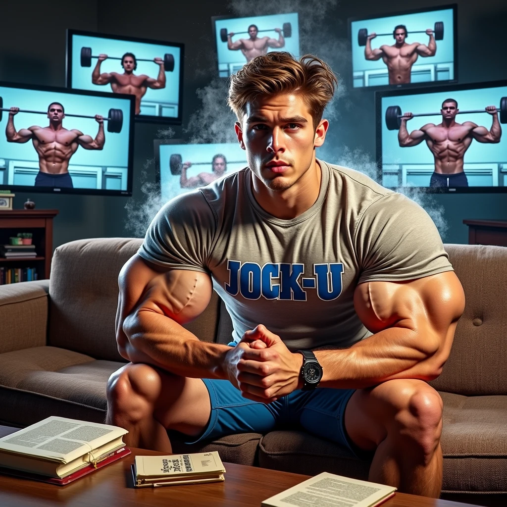 A perspiring male college student sits on a couch alone in a room whose walls are all projection screens showing bodybuilders lifting weights, throwing away books, and staring blankly ahead. The student is wearing a tight shirt that says JOCK-U as he stares blankly in confusion and slips into a dumb jock persona, flexing both biceps as he grows more masculine. Big biceps. Big triceps. Big traps. Broad shoulders. Broad chest. Thin vapor coming from armpits and around his head.