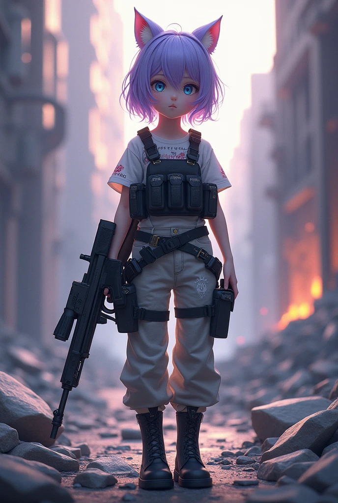 ((Best Quality)), ((masterpiece)), (detailed), (original), (realist), Short hair girl, medium light blue eyes, cat ears, soft smooth skin, small mouth, pink,  glow, parts, introvert, shy, angelic, Whole body, pants with belt, pistol belt on leg, Military equipment, white shirt with details, leather boots with pointed toe, bulletproof vest, survivor, dystopian ruins background, textura refinada glow, costume weapon rifle, mixed clothing, violet locks of hair, combat potion, massive combat defense, evasion, 