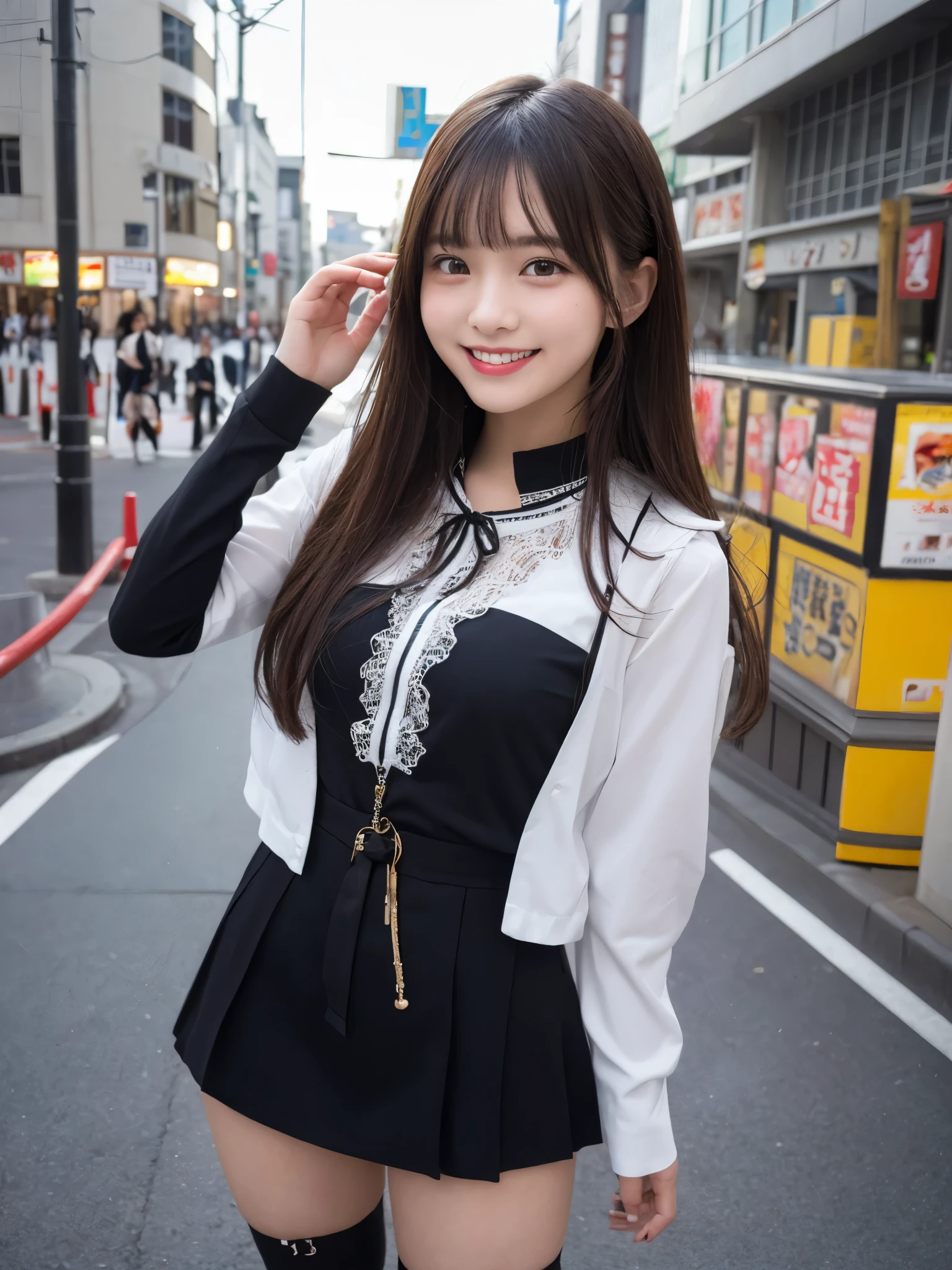 1girl, 14 years old, cute and beautiful, solo, highres, best_quality, masterpiece, detailed_background, intricate_details, tokyo, akihabara, futuristic, cityscape, idol costume, smile, looking_at_viewer, dynamic_pose, natural_pose, candid, happy