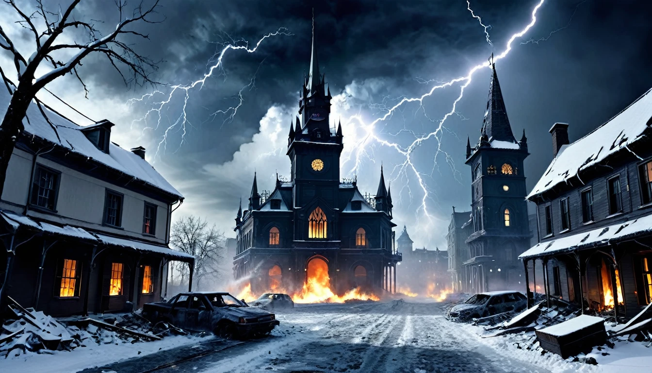 Night of Destruction [Verse] Darkness falls fires burn Chaos reigns lives will turn Shadows creep terror's near Hold on tight face your fear [Verse 2] Metal clash buildings fall Thunder roars heed the call Echoes scream in the night No more peace none in sight [Chorus] Night of destruction feel the pain No escape can't remain Run and hide the end is near Night of terror night of fear, cold, snow, ice, winter, white  colors, chilled atmosphere