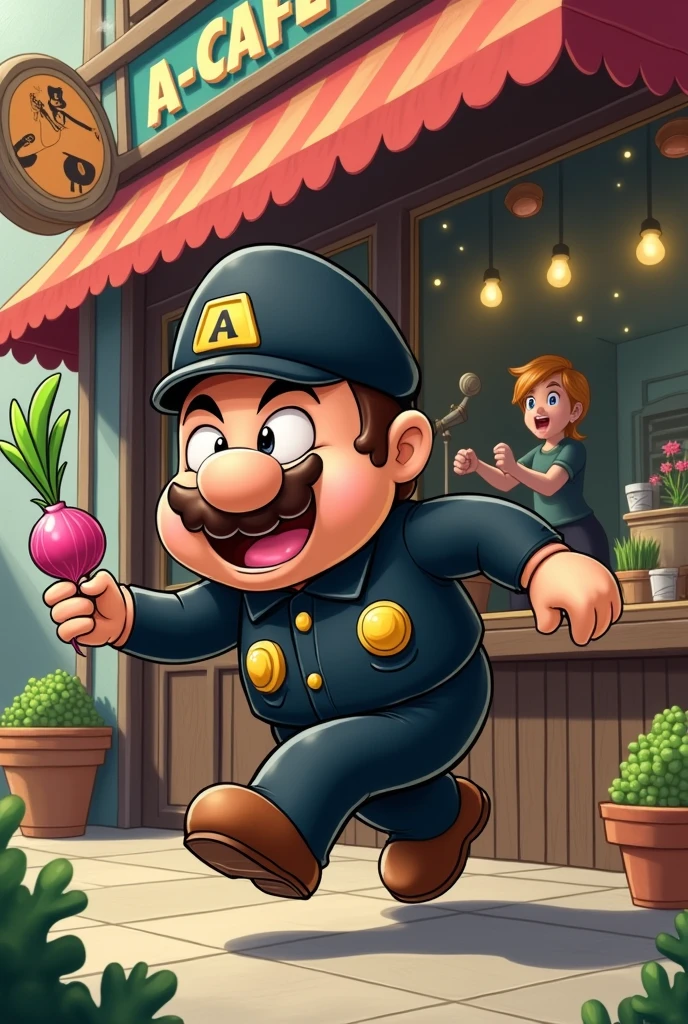 brown skin black hat and uniform
mario with small legs and body with giant forearms with big lips running and stealing pink radish in one hand and onion in another from a cafe named A-Cafe dua lipa singing inside ,with a platypus on his uniform
