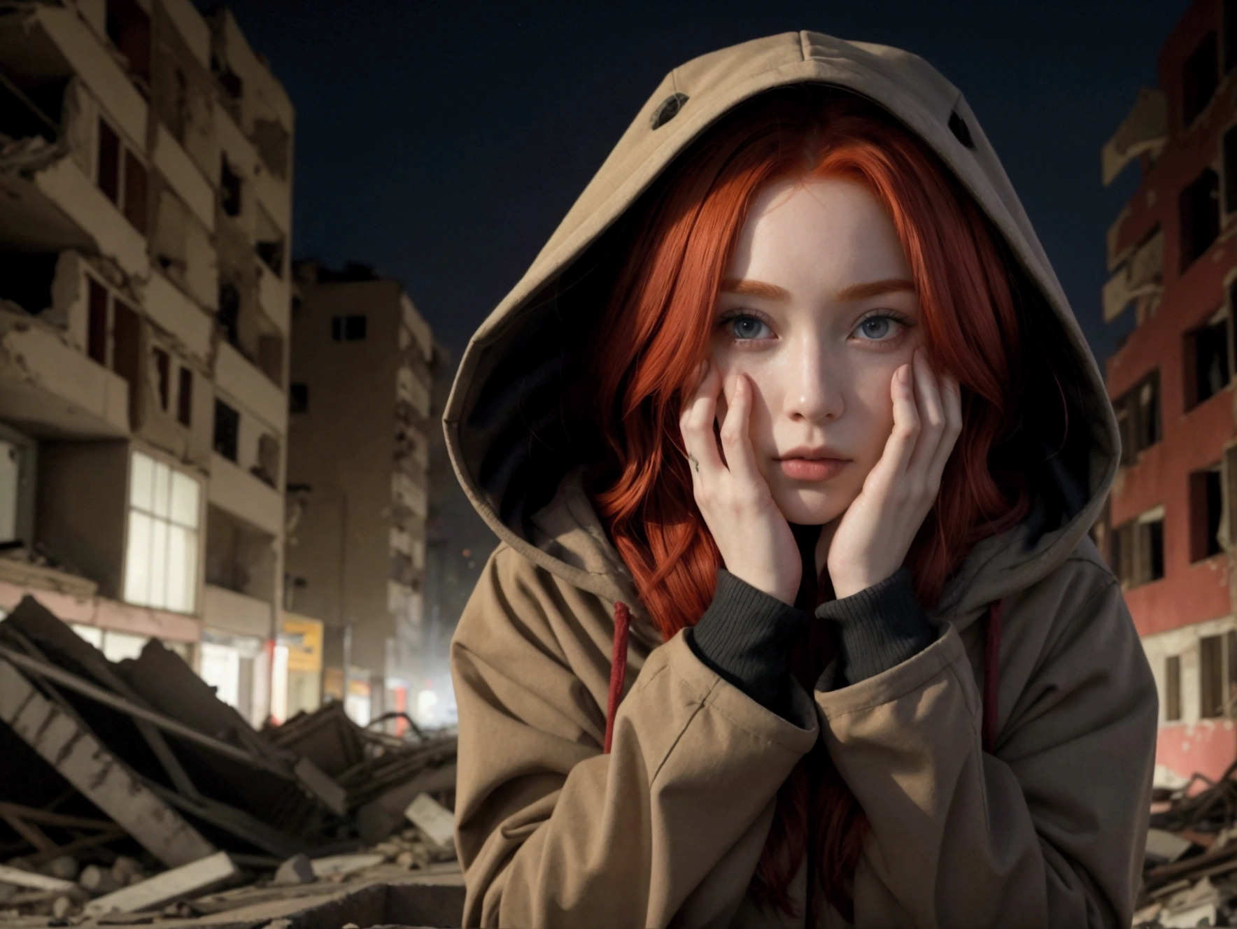 A red-haired woman in hooded clothing hiding her face in a destroyed city
