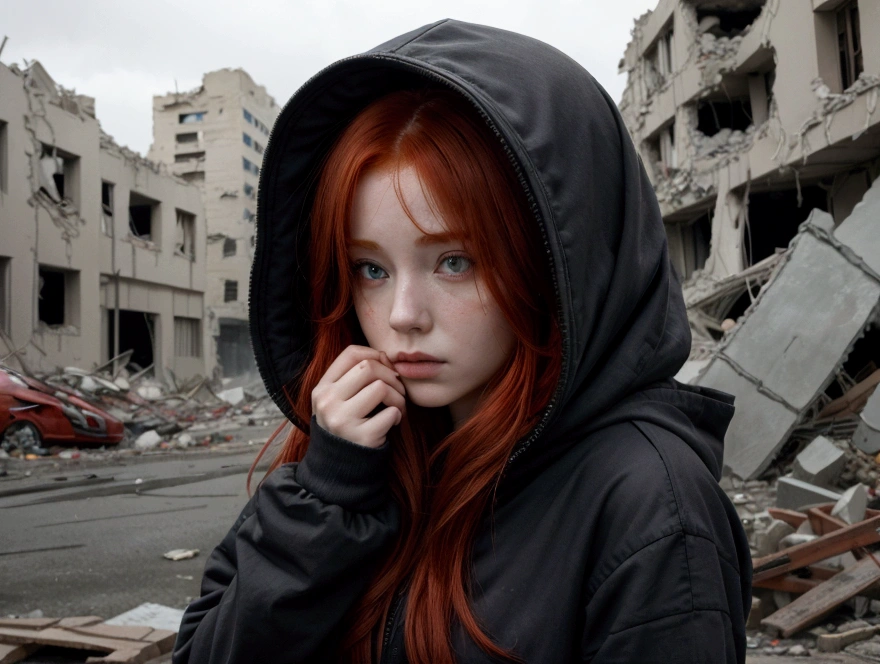 A red-haired woman in hooded clothing hiding her face in a destroyed city