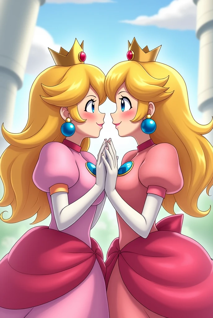 Create an anime-like image of Peach and Rosalina from Super Mario having sex