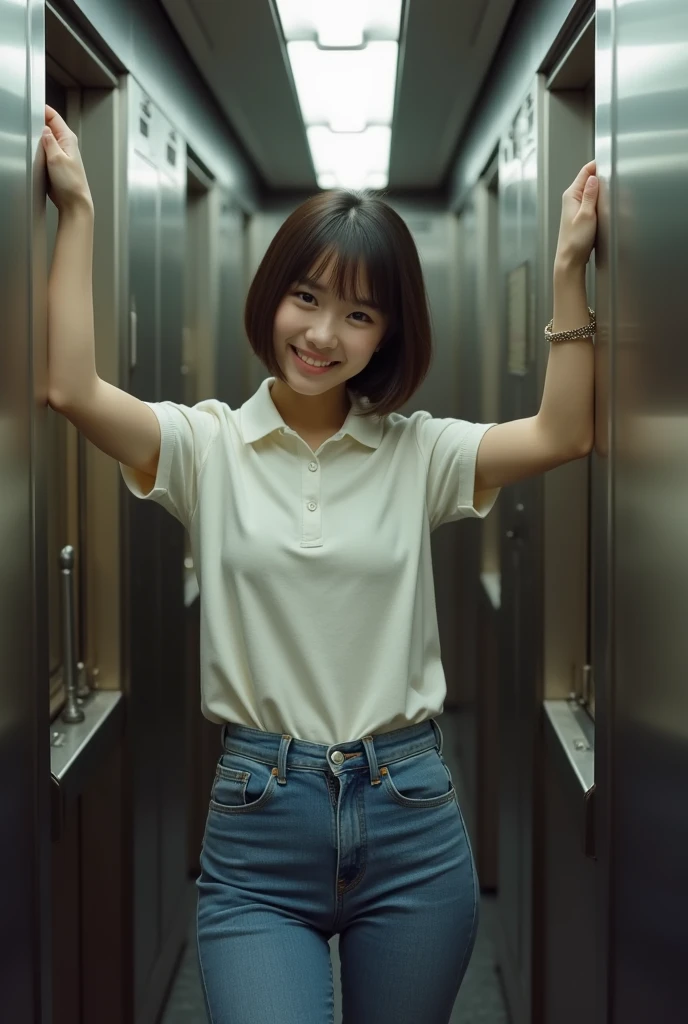Crowded elevator Up close Leaning forward A Japanese woman having her lower body touched by elementary school boys smile Short Bob 20-year-old Smaller head A tightly fitted polo shirt plump thighs Large lower body chubby hips Slender upper body Tight jeans that are clearly visible Porn Image