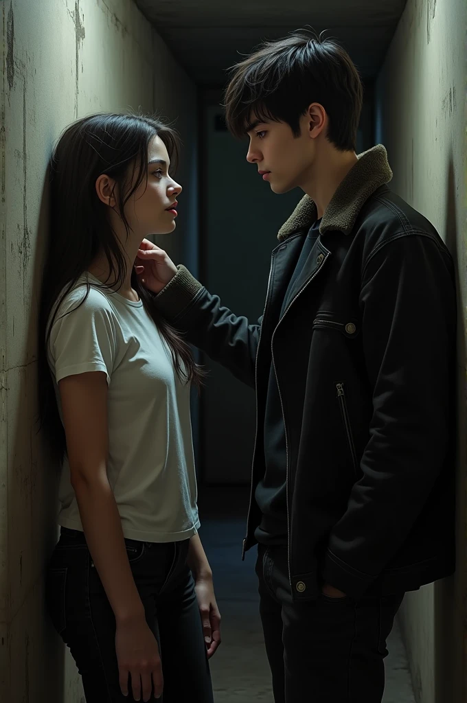 A young and attractive girl with long black hair, brown eyes and white skin, He wears a white t-shirt and black jeans, She is leaning her back against a wall in a dark, dimly lit basement., Her gaze reflects fear as in front of her there is a young and attractive boy with short black hair, dark eyes and white skin, He is wearing black jeans, a t-shirt of the same color along with a black leather jacket, who has a hand on the girl's neck while looking at her angrily