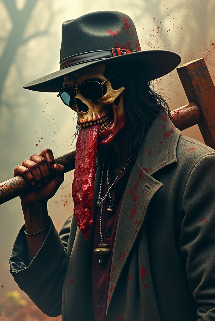 A striking and chilling 3D render grunge portrait of the enigmatic Voodoo god, Kalfu. This alpha male is drenched in blood, exuding an unsettling charm as he dons a stylish hat and sunglasses, eats raw meat with dominance. His skull-like face is partially revealed due to the tilted hat, while he holds a massive, blood-drenched and rusted sledgehammer in the other hand, aiming it ominously towards the camera. The haunting and powerful aura surrounding Kalfu is amplified by the dark and mysterious haunted landscape grunge background, featuring ominous apparitions and a sense of impending doom.