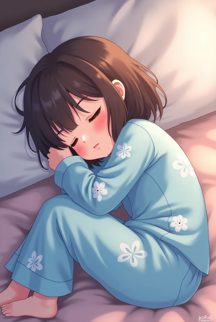 Brown haired anime girl sleeping in blue long sleeve pajamas with white flowers