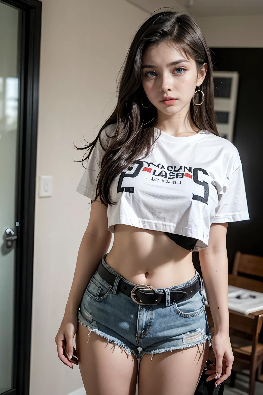 Beautiful 18 year old brunette girl wearing big earrings and a t-shirt and high waisted denim shorts with a belt and a belly button piercing