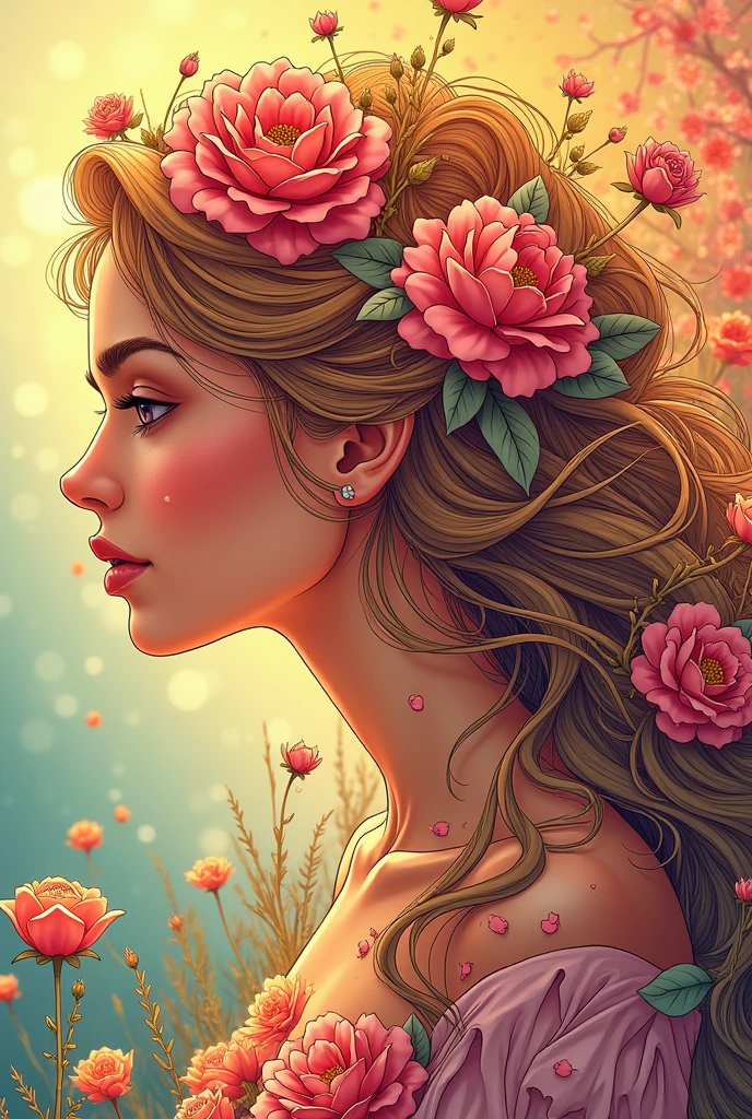 Thomas Kinkade style, line art drawing of (psztzz), vector art, flat coloring, cel shaded, cel shading, illustration, vector illustration, vector coloring, Antique Grunge aesthetic, a alluring Bonairian woman with flowing hair made entirely of flowers, bright colors, stunning background. warm and bright sunlight, a mesmerizing blend of light and shadow. masterpiece, absurdres, intricate details , professional, sleek, modern, minimalist, graphic, line art, vector graphics