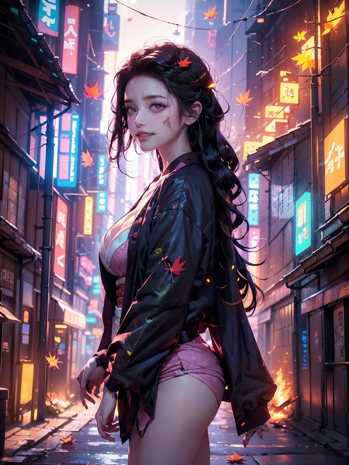 ((16K)),((masterpiece:1.3)), ((Highest quality)), ((Ultra-high resolution)), (Very detailed), ( ultra-realistic, Photorealistic:1.4), Perfect lighting,((Side light)), Surrealism,No makeup, Film Grain, chromatic aberration, Sharp focus, Face Light,((Beautiful detailsまでこだわった髪)),((Beautiful eyelashes)), Beautifully detailed face, ((Beautiful Hair)),Beautiful details, Beautiful clavicle, Beautiful body, Thin legs,Beautiful breasts, Beautiful legs, ((Detailed and carefully drawn hand)), ((Cleavage)),Pointed Chest, Perfect Anatomy, Supermodel with a long neck,((Skinny1.3)),23 years old,Looking into the camera,(Perfect Anatomy,Anatomically correct, Very detailed肌), Glowing Skin,((pale skin)),((beautiful girl:1.1)),(( large breasts:1.4)),Dainty facial structure,((Crazy smile:1.4)),((Command nezuko:1.5)), ((demon slayer)), ((pink yukata, black jacket)),((yukata)), ((light effect:1.2)),((fire effect:1.4)),((pink fall leaf effect:1.4)),((Combat Ready:1.5)),((from side)),background((Background of a colorful cyberpunk Tokyo street at night. The scene features futuristic skyscrapers illuminated by neon lights and holographic advertisements. Flying vehicles zip through the sky, while people in cyberpunk fashion walk the streets below, The walls of the buildings are adorned with giant digital screens displaying vibrant ads and animations. The ground is embedded with colorful LED lights, creating an ethereal and otherworldly atmosphere throughout the city)),((wide shot:1.5)),((night)),