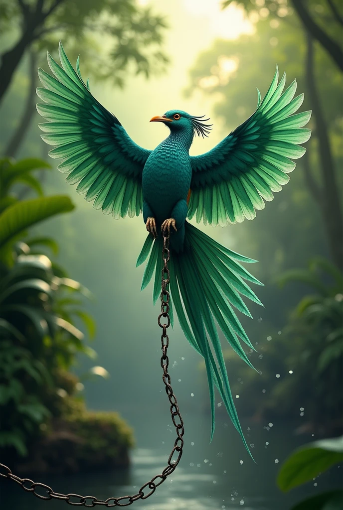 A Quetzal flying, while a chain that had him trapped falls from above him