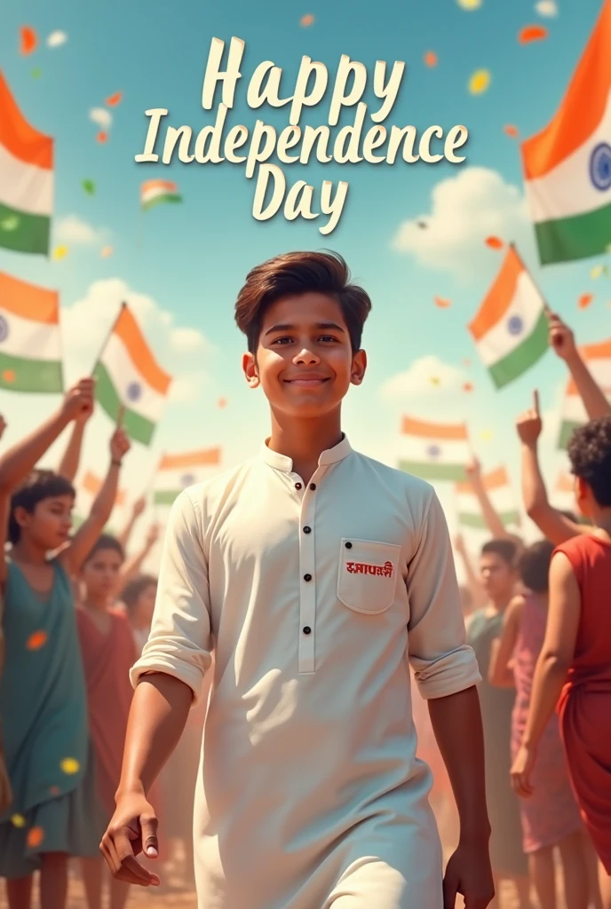 A real 18-year-old boy celebrates Indian Independence Day. she is wearing white kurti outfits with the name "Pawan Prajapati" written on her attire. Above her, in the sky, the words "Happy Independence Day" are displayed in a bold font. The backdrop is filled with people celebrating, enhancing the festive and patriotic spirit of the day.
