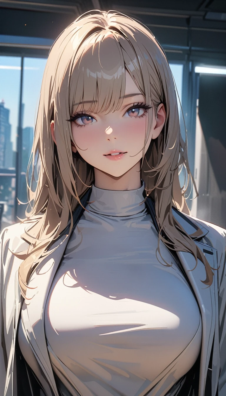 masterpiece , modern, Verism, masterpiece, super detail, best quality, 4K ,((Adult face)), woman,Wearing a white coat,Mature woman