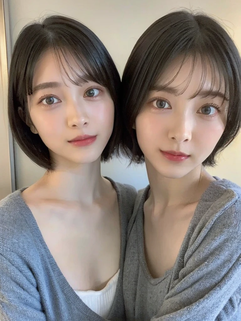 (masterpiece:1.3), (8k, Photoreal, Raw photo, best image quality: 1.4), Japanese high school girl、(random hairstyle:1.2)、cleavage:1.5、super detail face、eye for details、double eyelid、chest to chest、sharp focus:1.2、Beautiful woman:1.4、light brown hair、highest quality、masterpiece、超A high resolution、(Photoreal:1.4)、Highly detailed and professionally lit smiles、loose and light knitwear、shoulder out、thin、serious expression、short haired、deadly position
similar identical twins
All the girls have the exact same face, The two have the same face and figure, as if they were mirror images.