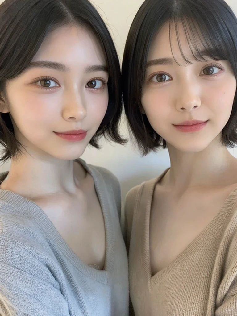 (masterpiece:1.3), (8k, Photoreal, Raw photo, best image quality: 1.4), Japanese high school girl、(random hairstyle:1.2)、cleavage:1.5、super detail face、eye for details、double eyelid、chest to chest、sharp focus:1.2、Beautiful woman:1.4、light brown hair、highest quality、masterpiece、超A high resolution、(Photoreal:1.4)、Highly detailed and professionally lit smiles、loose and light knitwear、shoulder out、thin、serious expression、short haired、deadly position
similar identical twins
All the girls have the exact same face, The two have the same face and figure, as if they were mirror images.