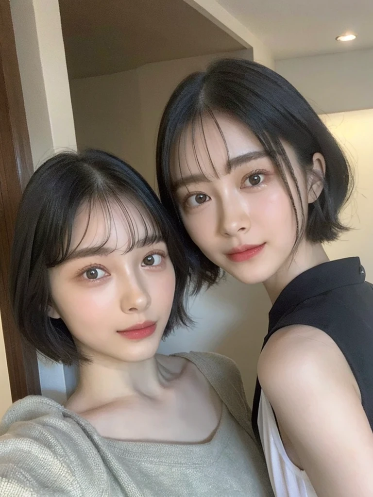 (masterpiece:1.3), (8k, Photoreal, Raw photo, best image quality: 1.4), Japanese high school girl、(random hairstyle:1.2)、cleavage:1.5、super detail face、eye for details、double eyelid、chest to chest、sharp focus:1.2、Beautiful woman:1.4、light brown hair、highest quality、masterpiece、超A high resolution、(Photoreal:1.4)、Highly detailed and professionally lit smiles、loose and light knitwear、shoulder out、thin、serious expression、short haired、deadly position
similar identical twins
All the girls have the exact same face, The two have the same face and figure, as if they were mirror images.