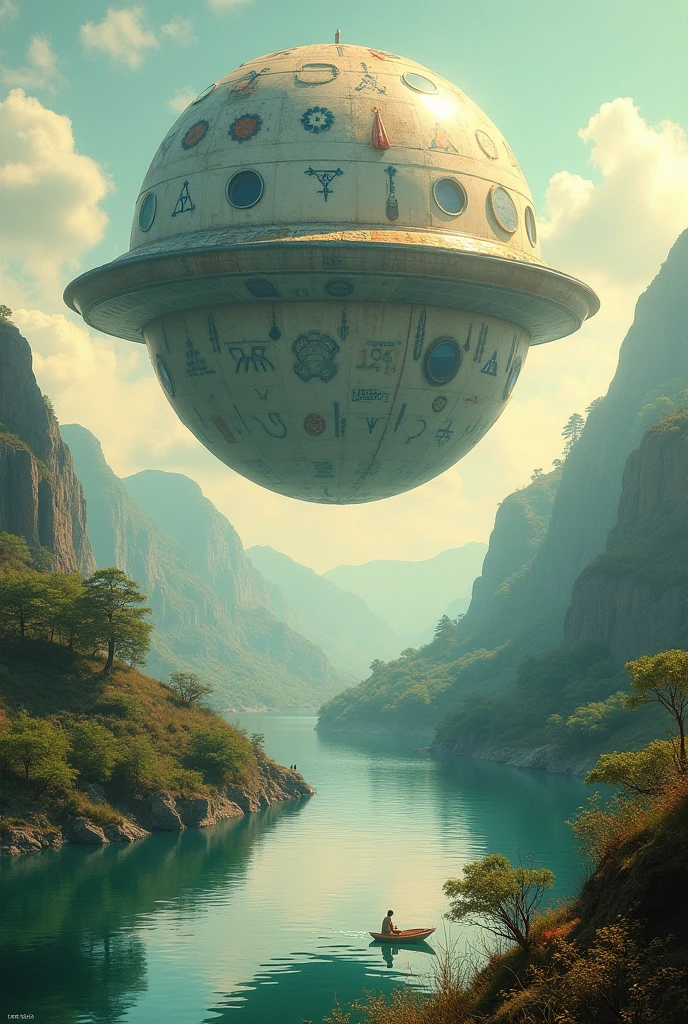 60s corcle
style alien spaceship flying over the River with necklaces