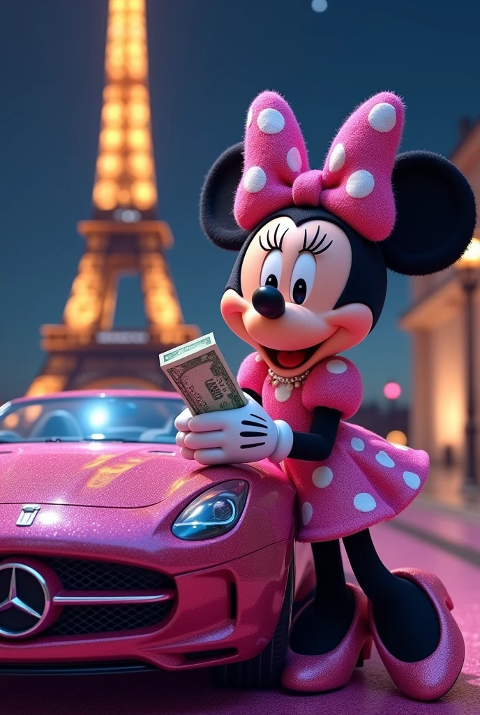 Medium pink Minnie Mouse at the Paris Tower at night with bills in her hands standing next to a medium-sized fuchsia Mercedes Benz car with glitter