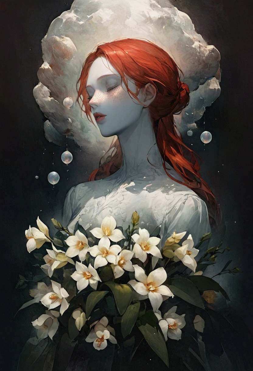 A serene and surreal scene, Portrait of a beautiful red-haired Scandinavian woman with freckles, In addition to very full lips&#39;The face in profile emerging from a bouquet of orchid flowers, gray skin, close your eyes, sleep, vapor, dreamlike atmosphere and gently floating spheres.