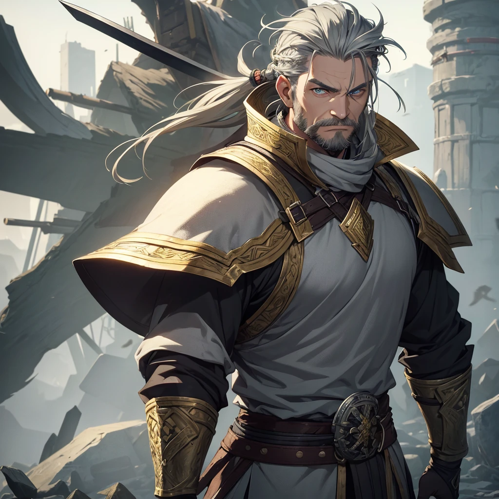 Middle aged man. eyeballs. greens. half gray hair the viking hairstyle style. Uses two short swords. Gray clothes with gold Viking style details and armor