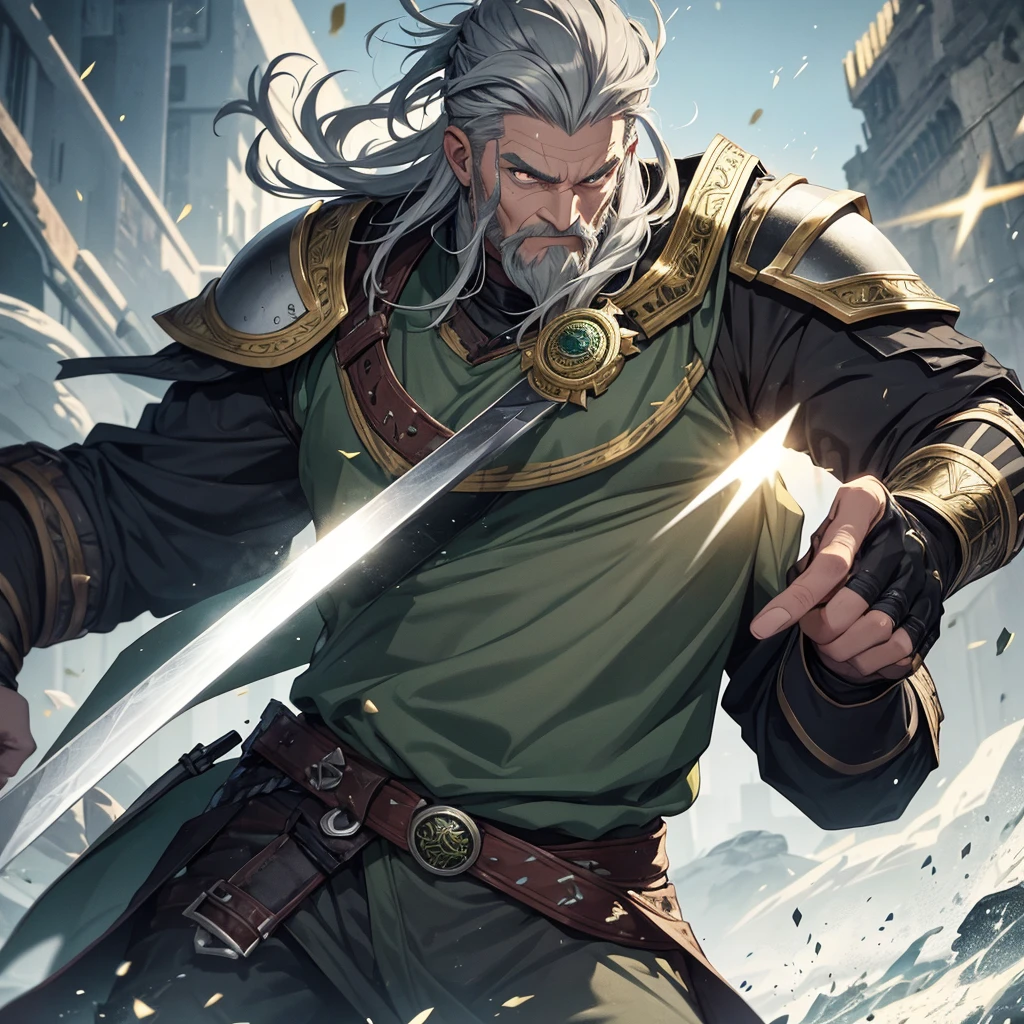 Middle aged man. eyeballs. greens. half gray hair the viking hairstyle style. Uses two short swords. Gray clothes with gold Viking style details and armor
