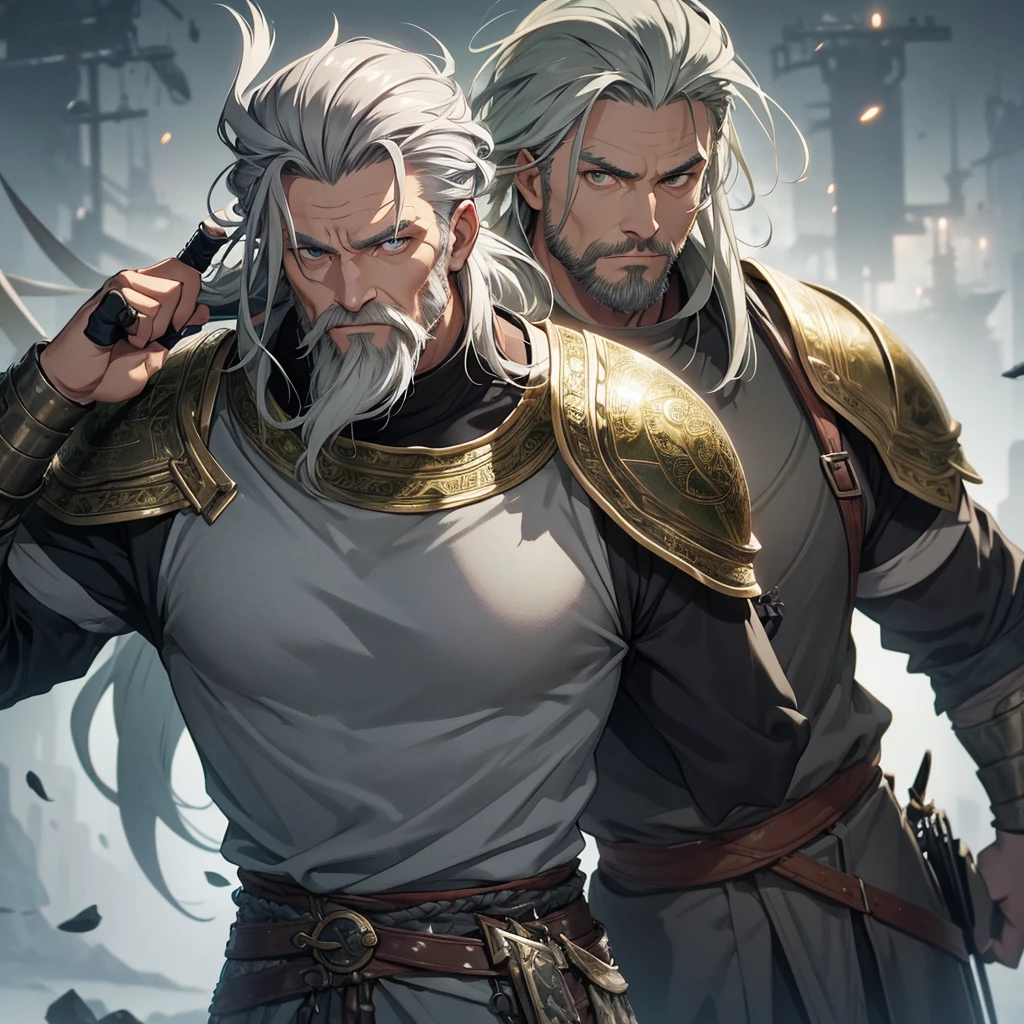 Middle aged man. eyeballs. greens. half gray hair the viking hairstyle style. Uses two short swords. Gray clothes with gold Viking style details and armor