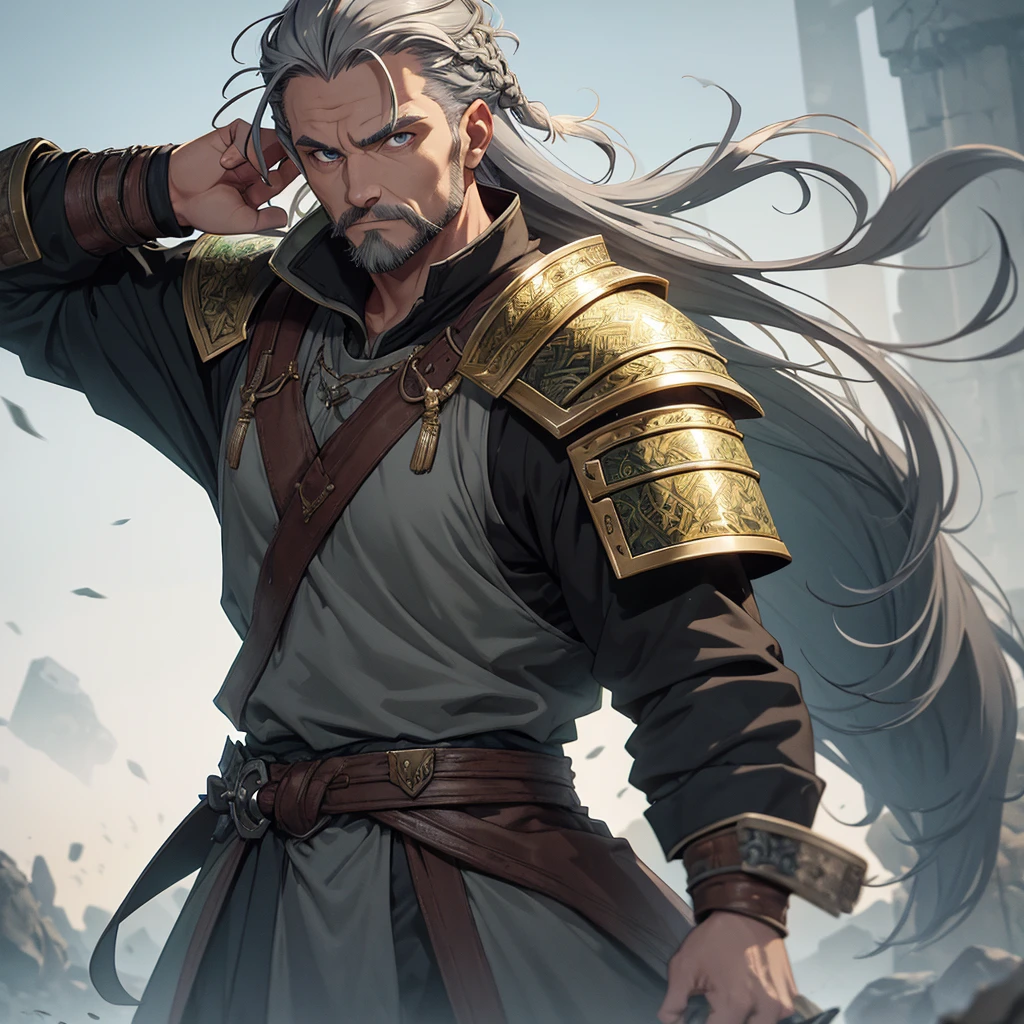 Middle aged man. eyeballs. greens. half gray hair the viking hairstyle style. Uses two short swords. Gray clothes with gold Viking style details and armor