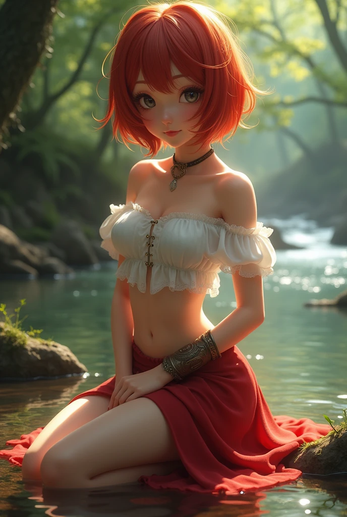 ((perfect anatomy:1.2,realistic,:1.3,RAW Photography:1.3,masterpiece、highest quality、Ultra - High resolution、High resolution、Highly detailed CG、8K)),nsfw,cowboy shot,1 female,alone,20-year-old,beauty of japan,beautiful detailed face and eyes,big and gorgeous eyes,gray eyes,(red hair,short bob hair,bangs), (slender body,small head:1.4, skinny、small breasts), glowing skin,oily skin,(fantasy clothing,white tube top,off shoulder、navel、red micromini skirt,choker),kneeling,riverの水で濡れる、fantasy,fantasy world、tree々、forest、river、medieval europe、natural sunlight、vagina slightly visible under the skirt