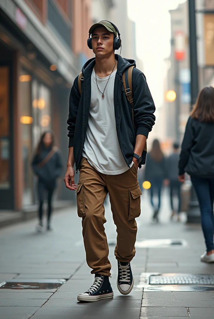 name: Josh Stone Age: 18 genres: male Height: 1,77 Weight: 85,7 kg Power: time manipulation Appearance: skin fair, straight brown hair, eyes browns, white loose shirt, brown cargo pants ,black and white sneakers, black sweatshirt , Black headset , moss green cap