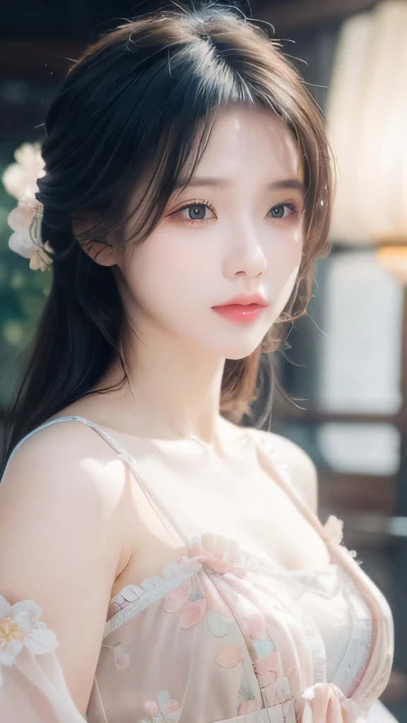 1 girl,Beautiful, Floral Pattern, Radiant Skin, Seductive gaze, Decorative clothing, Natural Lighting, Shallow to see deep, Romantic environment, Dreamy pastel tones, Peculiar details, Film shooting,(8K, original photo:1.2), best quality, Ultra-high resolution,CG Unity 8k Wallpaper,masterpiece,best quality,Very detailed