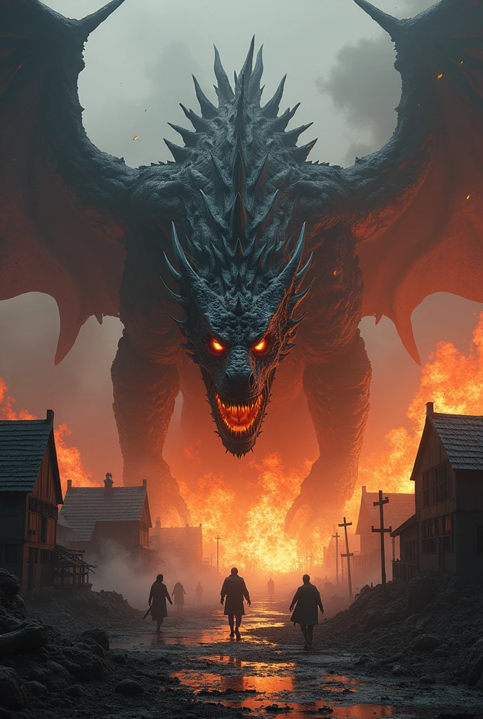 A dark dragon devastating a village with its flames with the legend "I AM SIR VICTOR'S PET "
