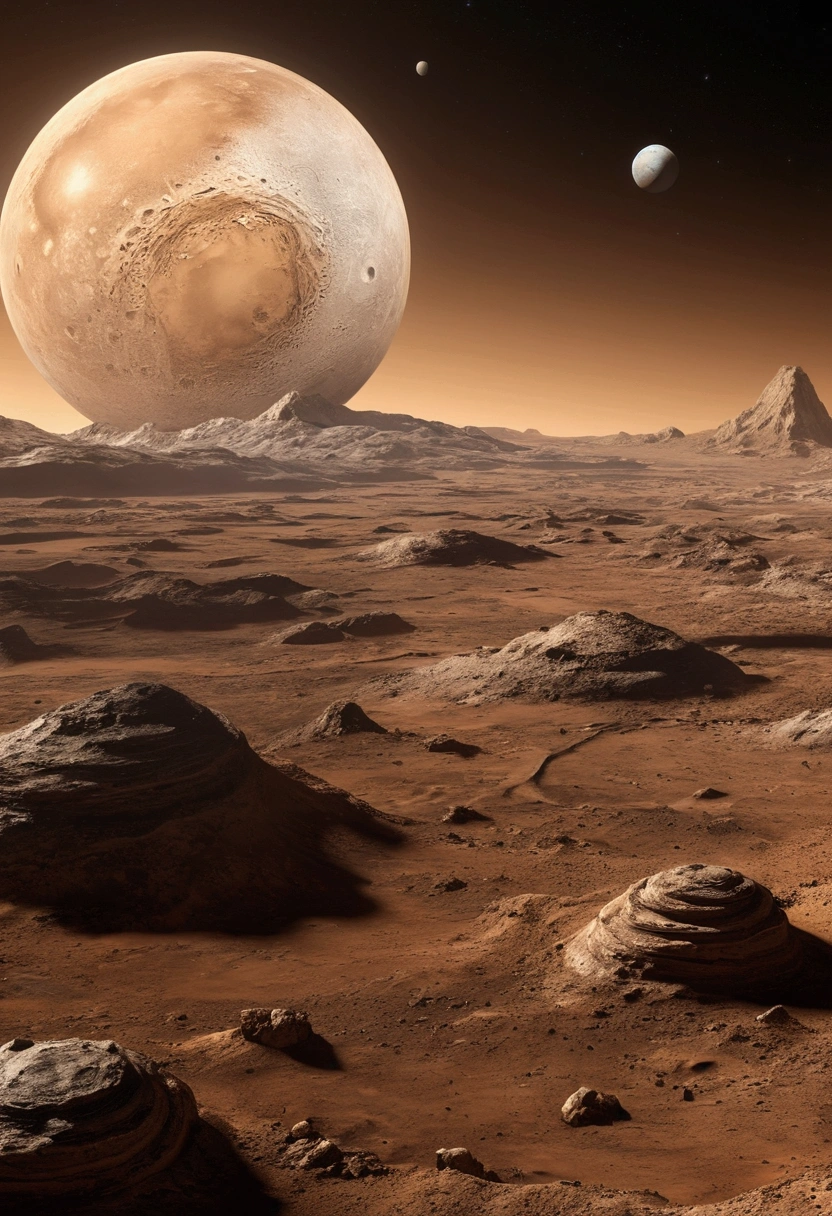 Create 5 civilizations, one terrestrial, another on the moon, another on mars, another on jupiter, another one in Neptuno with better quality, super fine, 16k, RAW photo, photorealistic, incredibly absurd, extremely detailed, 
All in one horizontal image
