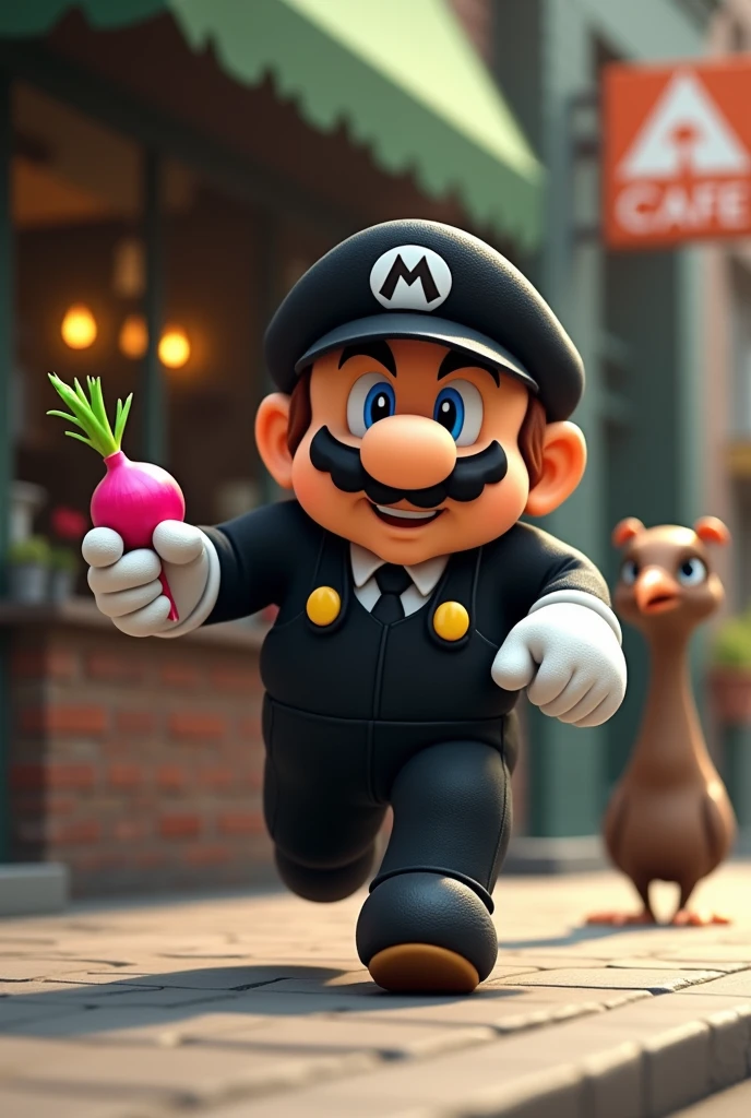 brown skin black hat and uniform
mario ,with small legs and body with giant forearms ,with big lips , running and stealing pink radish in one hand and onion in another hand from a cafe named A-Cafe ,with a platypus
