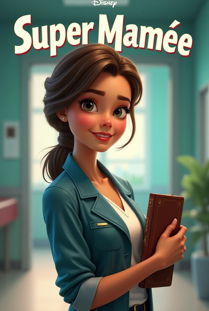 Disney Pixar inspired movie poster with title "  Carol, a great example of a woman and a professional". It has to be a brown-haired woman , slickedback hair, light brown skin color, wearing nutrition professional clothes and holding a Bible in hand, and with a hospital background written super mamãe. The scene should follow an art style similar to Pixar's, focus on characters&#39; Expressions, swirly vibrant colors, Detailed textures and features of your animations.
