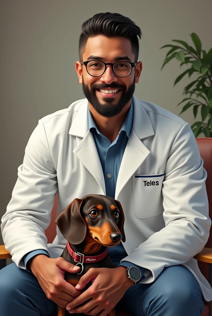 A 28-year-old male doctor, with a strong build and round face. Cabelo blackw e barba preta. round nose. Make sure to include round prescription glasses.dressed in a doctor's coat, embroidered your name Teles.
On your lap your Dachshund dog, blackw, which is a breed with an elongated body and short legs. Include a name collar "Mailon".
