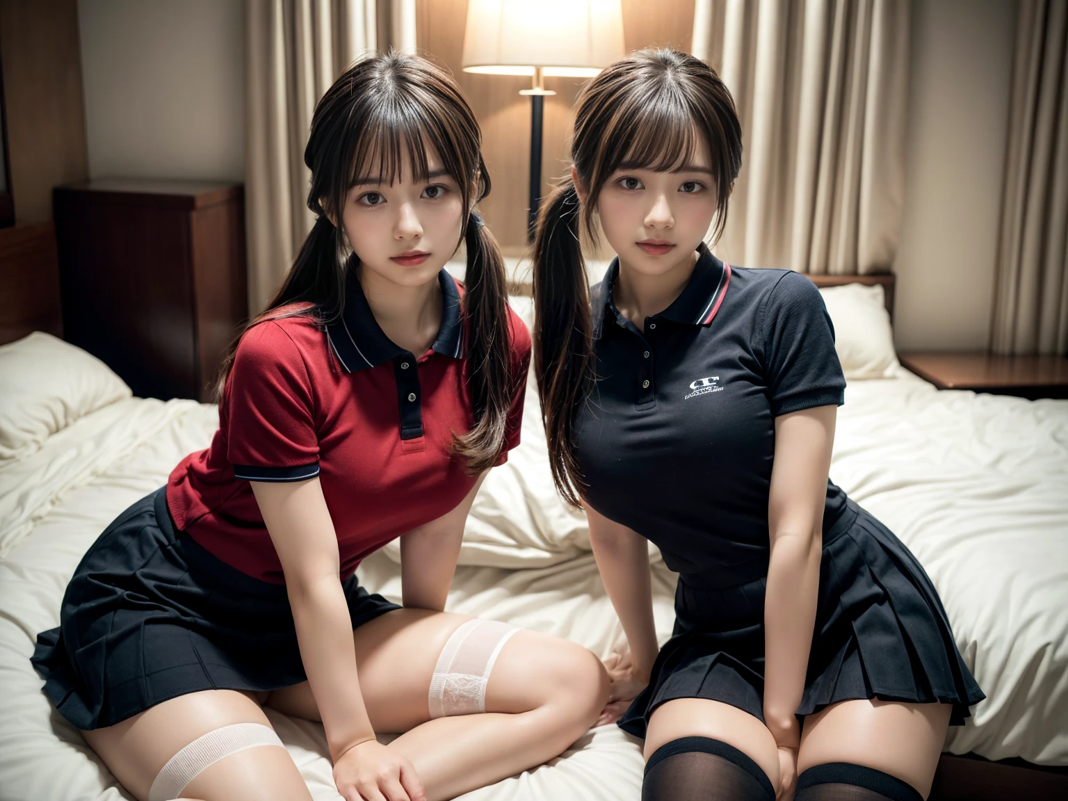 masterpiece, best quality, illustration, Super detailed, fine details, High resolution, 8K,wall paper, perfect dynamic composition,(Details High quality, realistic depiction of eyes:1.3), (2 girls), (collared polo shirt), pleated skirt, knee high socks, twin tails,  in a hotel room in the background, deep on field, large breasts, black hair color, Big Natural Color Lip, (perfect body shape), crying a little、Harajuku style、20 year old girl、cute type、beautiful legs, Gravure Idol