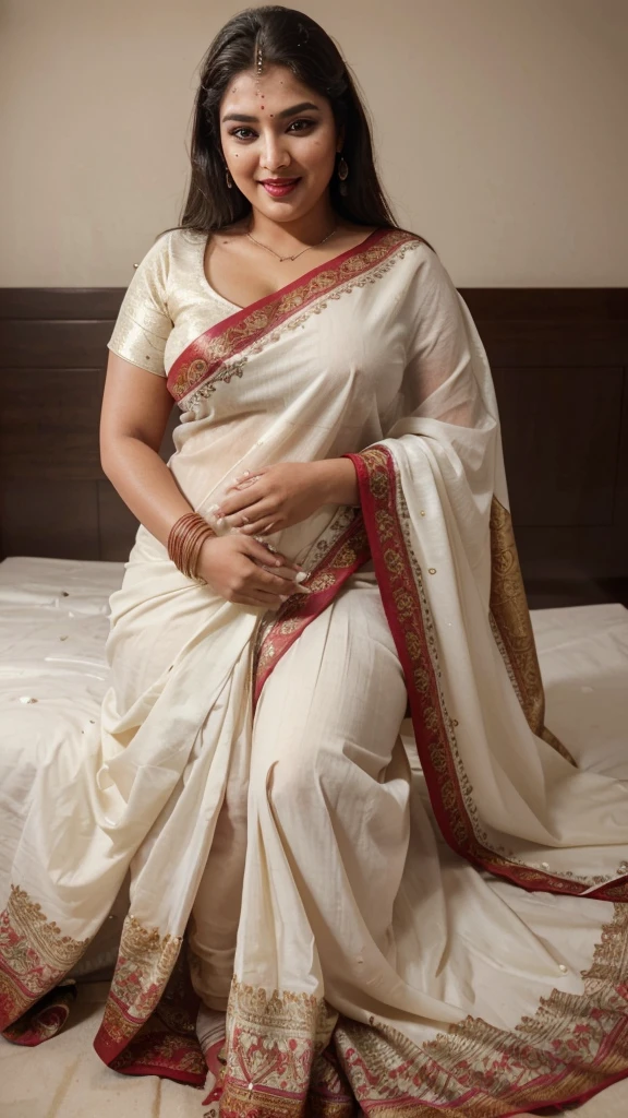 Day scene, full body photo of a plus sized  indian woman wearing cream colour saree, teeths visibly laughing face, face, top view, (Masterpiece, Best Quality, High Resolution), bedroom Background, (cum Splash on her face , cum Splash on her face and breasts, Splash of cum on face, cum Splash on her blouse, cum Splash on her eys), hour glass body red lips, lightly makeup,ultra realistic, realistic, look at viewer (cinematic:1.3), intricate details,