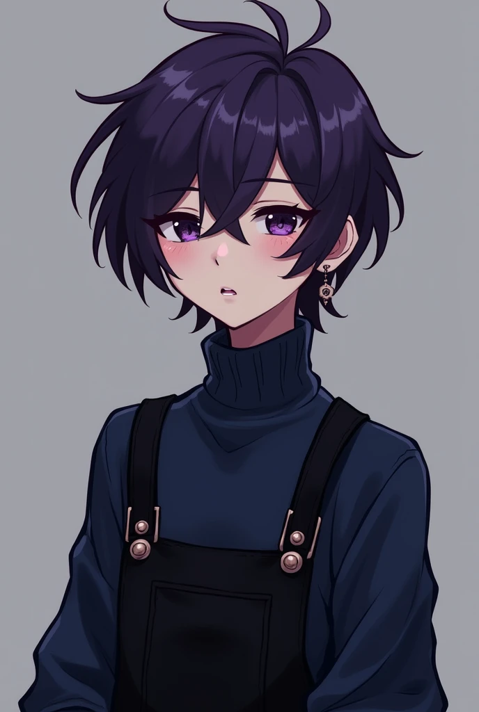 SeaArt Bot Upscaling Studio Age: 23 years old Male Measures 1.75 Dark purple hair, with a long age: 23 years old Male Measures 1.75 Dark purple hair, with a length a little above the shoulders Dark purple eyes Has a mysterious but sweet personality Wears a dark blue sweater with black overalls with earrings in the left ear emo style