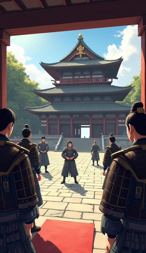 A scene inside a grand Edo-period Japanese castle, showing traditional architecture and samurai gathered in the courtyard, with one samurai looking embarrassed as others look on with stern faces.