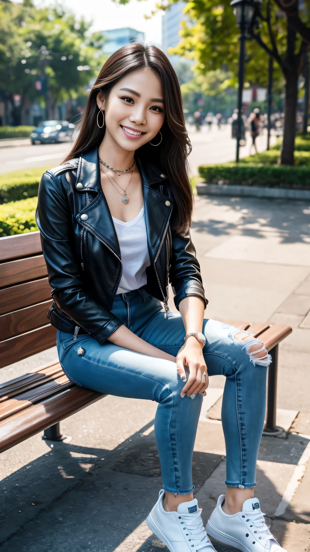 8k wallpaper, Beautiful Thai woman、Full body photo、Sitting on a park bench、、leather jacket、shirt、Skinny jeans、sneakers、Necklace around the neck、 、ear piercing、smile、Beautiful teeth alignment、、it's raining