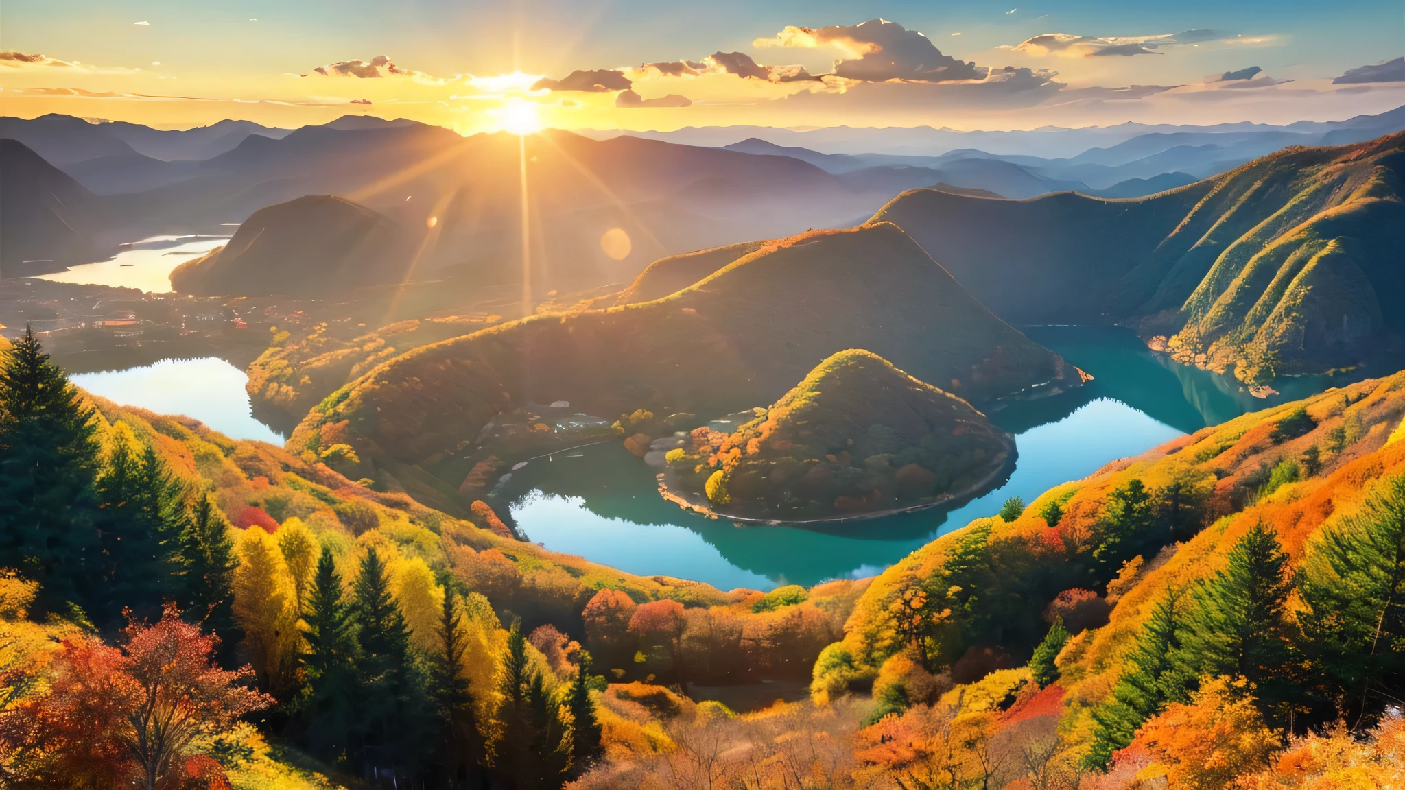 anime、デジタルanimeアート、Flat Design,(masterpiece:1.2)、high quality、High resolution、Very detailed、(Amazingly absurd:1.2)、Japanese Landscape、Autumn sunrise、Colorful background、Beautiful light effect、Wonderful landscape、kitten(1), by makoto shinkai The center of the lake