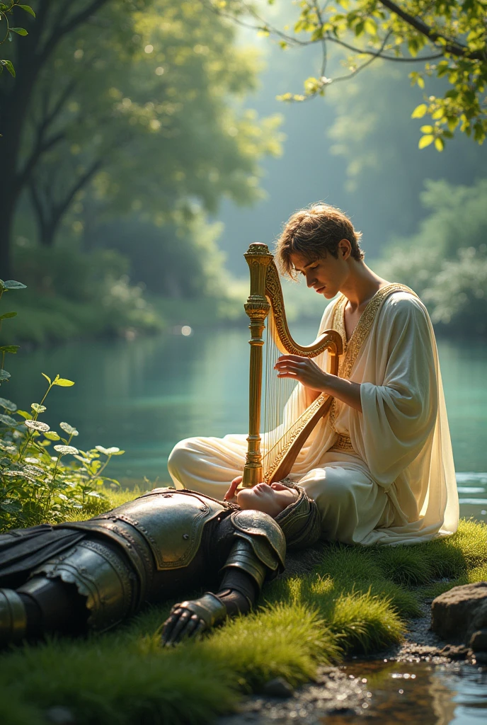 A young male divine playing a harp on a riverbank next to a fallen armored warrior