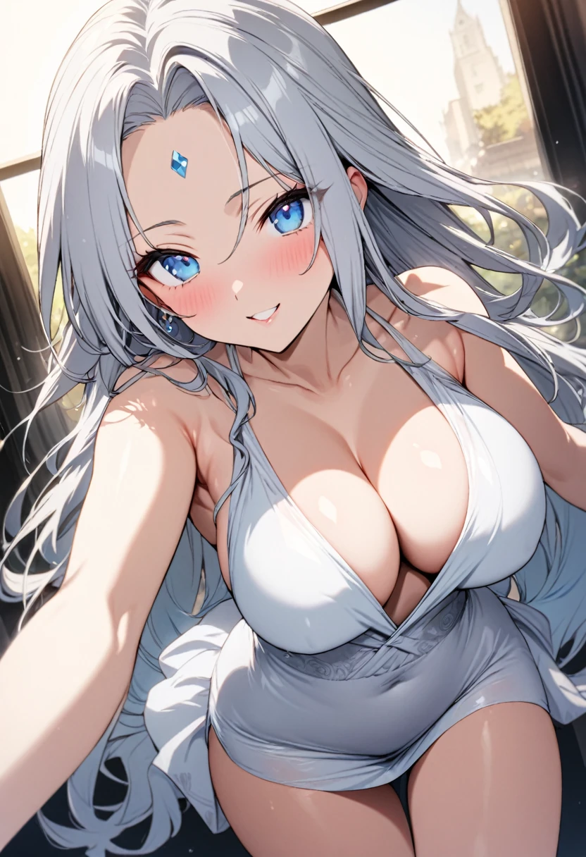 beautiful goddess style), (pov, love style, solo:2,26 yo), (beautiful detailed forehead) (beautiful silver hair very long hair y woman) (beautiful sexlue eyes) (ecstas) (glossy lip), (big tits), (iant white one piece dress with double exposure prism grow), break, in the sky above for school, background divine sky, BREAK, 16k, masterpiece, best quality, immensely detailed beautiful.