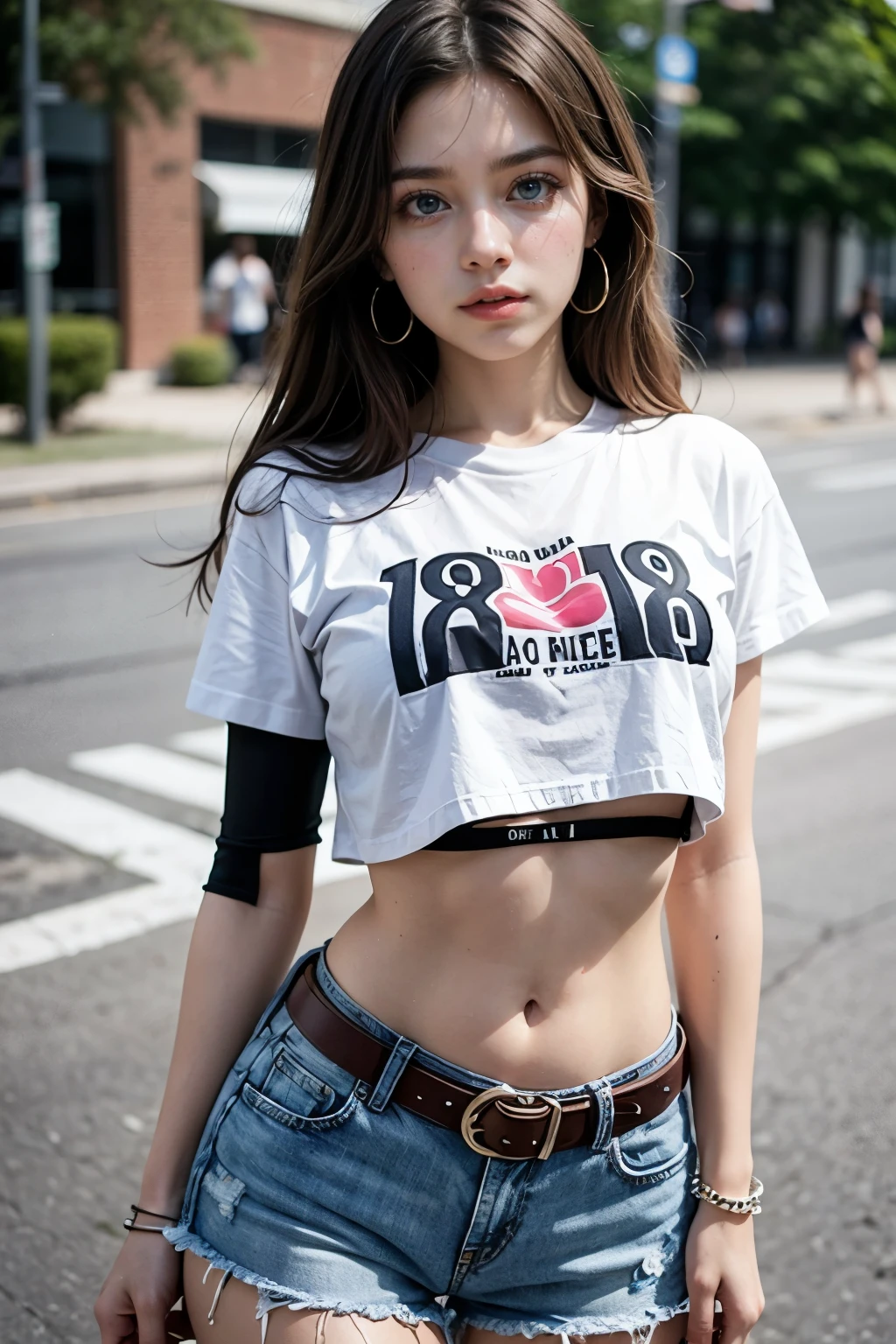 Beautiful 18 year old brunette girl wearing big earrings and a t-shirt and high waisted denim shorts with a belt and showing her belly button