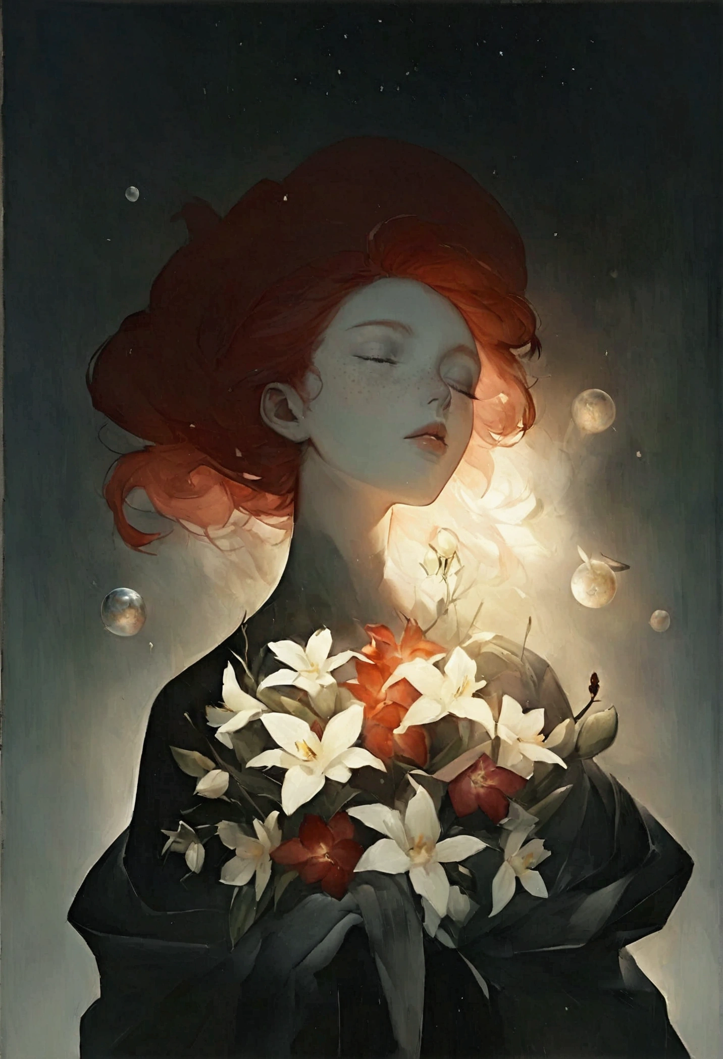 A serene and surreal scene, Portrait of a beautiful red-haired Scandinavian woman with freckles, In addition to very full lips'The face in profile emerging from a bouquet of orchid flowers, gray skin, close your eyes, sleep, vapor, Dreamy atmosphere and metallic colored spheres and insects floating gently.